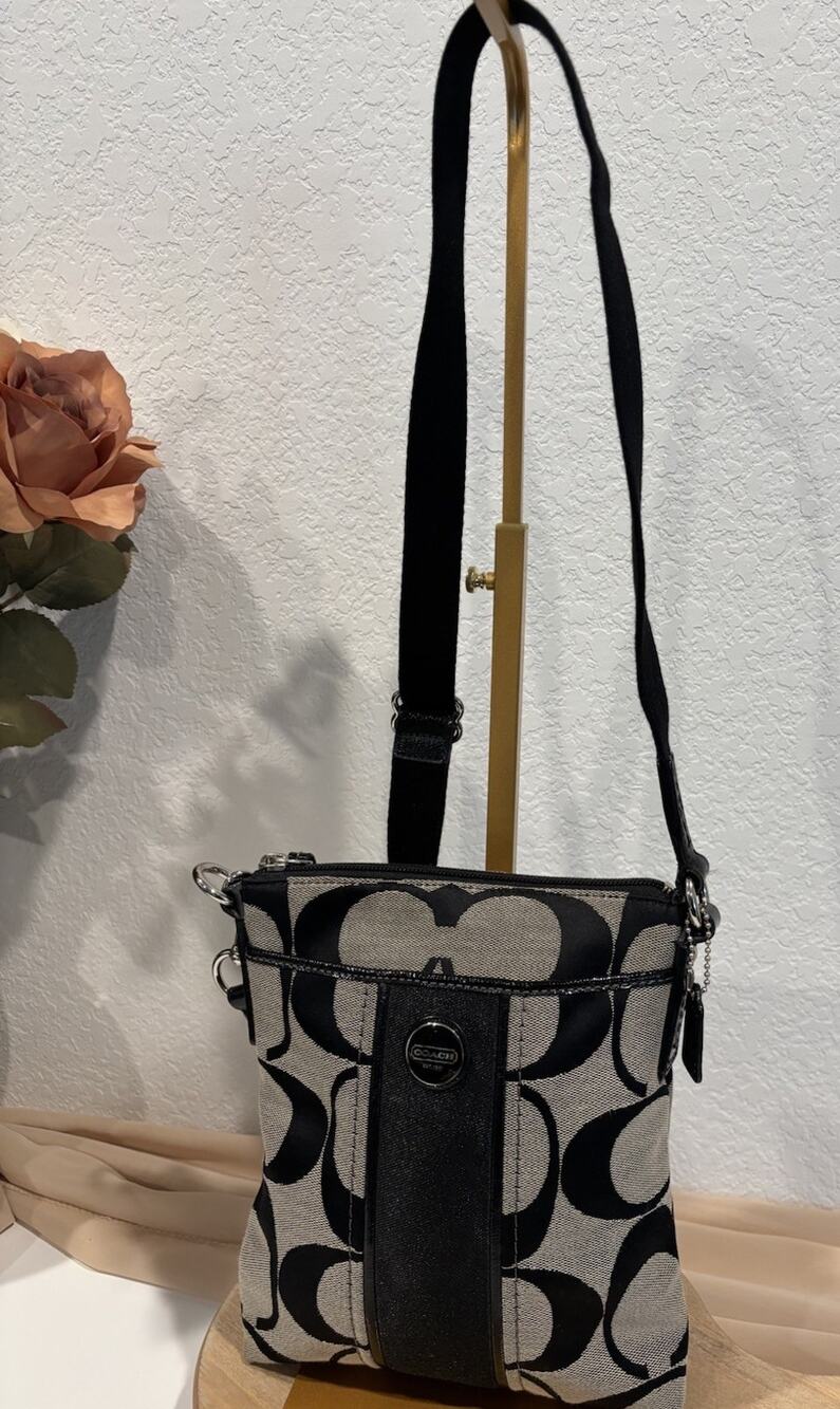 Coach Signature Black Gray Crossbody Bag Canvas Leather Trim Silver Hardware
